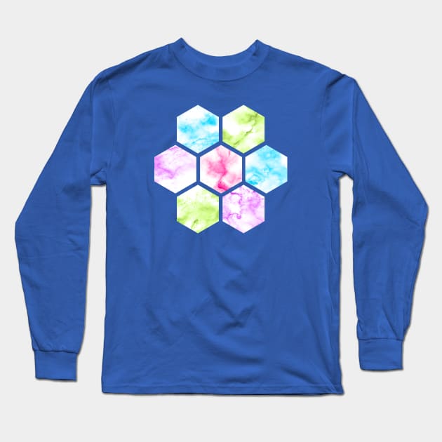 Marble Hexagon | Purple Pink Green | Blue Background Long Sleeve T-Shirt by Wintre2